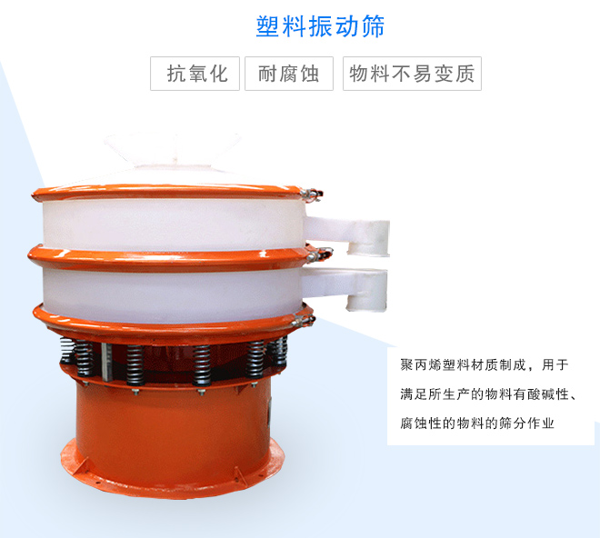 塑料振動(dòng)篩是采用聚丙烯材料制成的，可以用于酸堿性，腐蝕性物料的篩分作業(yè)