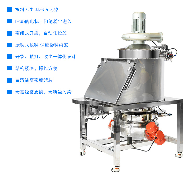 無塵投料站投料無塵 無污染,密閉式開袋，自動化投放,開袋、拍打、收塵一體化設計，結(jié)構(gòu)緊湊，操作方便,用噴射式自清潔高密度濾芯，無需經(jīng)常更換 